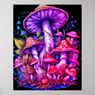 Póster Hongos púrpura + rojos Fondo negro en una pared