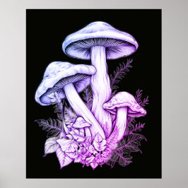 Póster Hongos Purpúreos Blanquecinos Pared Fondo Negro