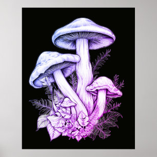 Póster Hongos Purpúreos Blanquecinos Pared Fondo Negro