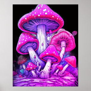 Póster Hongos rosados en un fondo negro en una pared