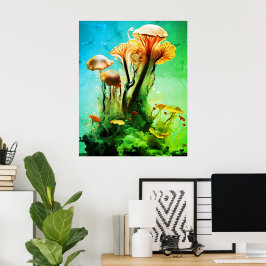 Póster Hongos translúcidos de color verde intenso en una 
