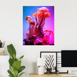 Póster Hongos translúcidos de colores rojo y azul en una 