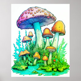 Póster Hongos Verdes con Fondo Blanco en una Pared