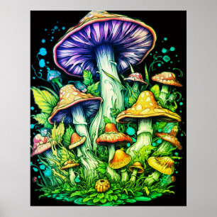 Póster Hongos Verdes en Fondo Negro en una Pared