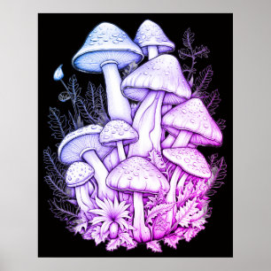 Póster Hongos Verdes en Fondo Negro en una Pared