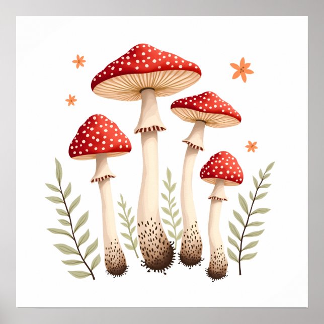 Póster Hongos y elementos botánicos vibrantes de la mosqu (Frente)