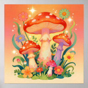 Póster Hongos y Flores de Cottage Core