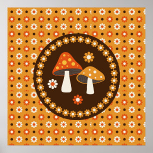 Póster Hongos y flores dulces retro