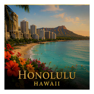Póster Honolulu Hawái Costa de Waikiki y cultura isleña �