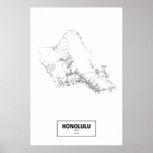Póster Honolulu, Hawai (negro sobre blanco)