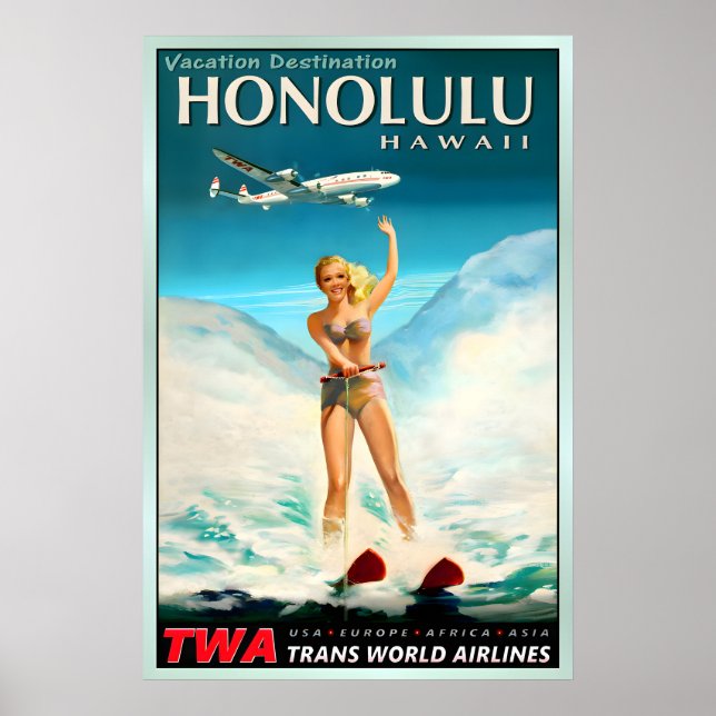 Póster HONOLULU Hawái TWA Trans World Airlines Pacífico (Frente)