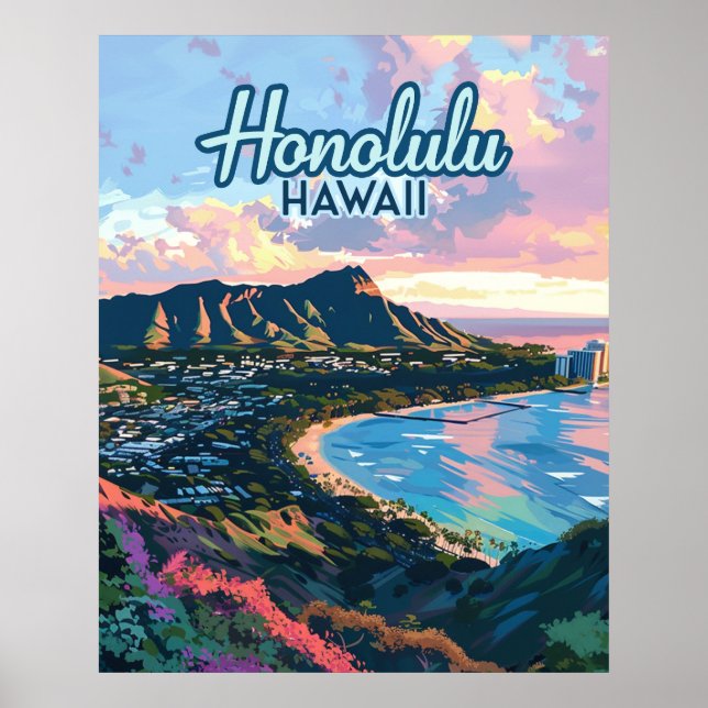 Póster Honolulu Hawaii Oahu Waikiki Beach Diamondhead (Frente)