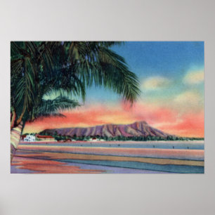 Póster Honolulu Hawaii Sunset sobre la cabeza del diamant
