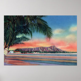 Póster Honolulu Hawaii Sunset sobre la cabeza del diamant