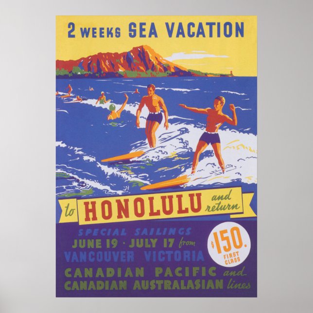 Póster Honolulu Hawaii Viajes de época (Frente)
