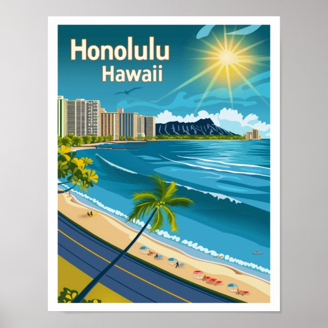 Póster Honolulu Hawaii - Viajes de época con vistas coste (Frente)