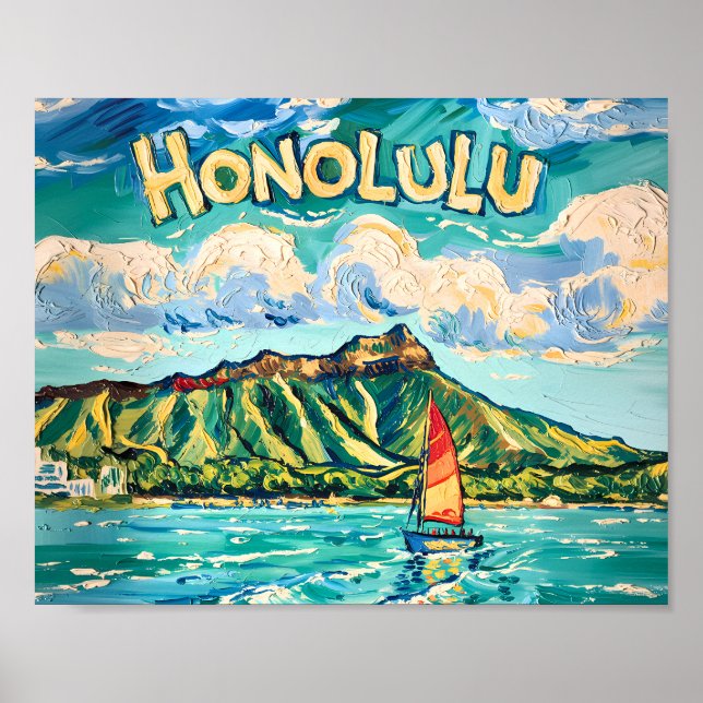 Póster Honolulu Hawaii Vintage Travel Van Gogh Landscape (Frente)