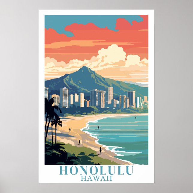 Póster Honolulu Hawaii Vintage Travel Waikiki Beach Art (Frente)