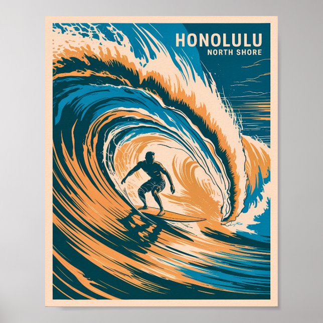 Póster Honolulu North Shore Retro Surfing Hawaii Waves (Frente)