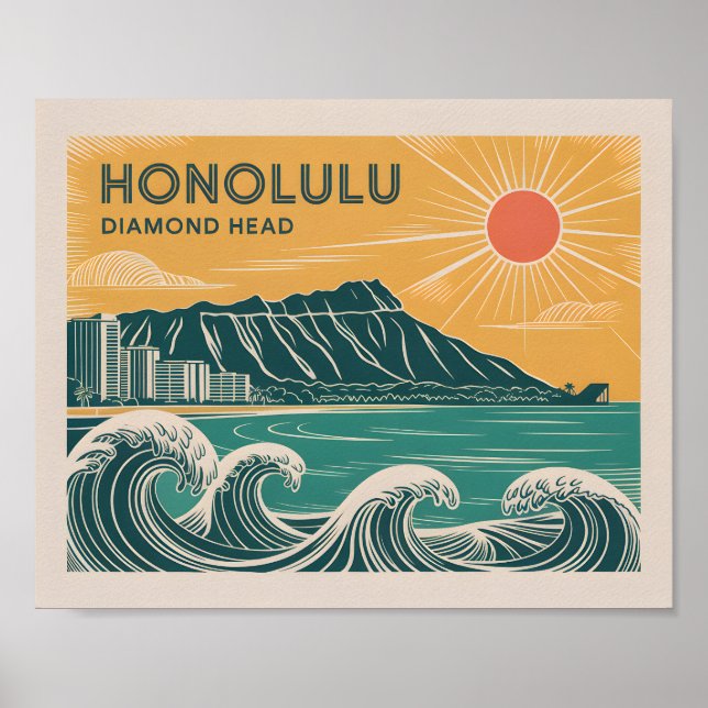 Póster Honolulu Oahu Diamond Head Retro Estilo MidCentury (Frente)