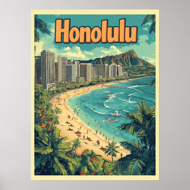 Póster Honolulu - Playa urbana de Hawaii (Frente)