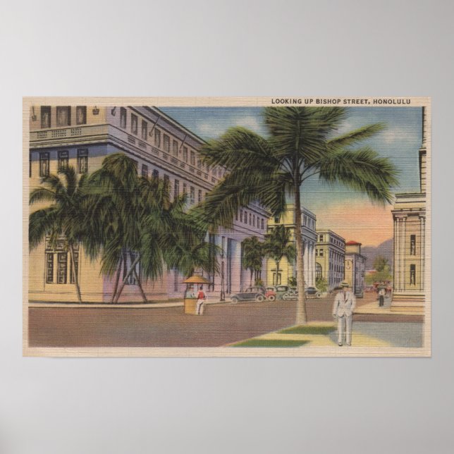 Póster Honolulu, VIHiew del obispo St.Honolulu, HI (Frente)