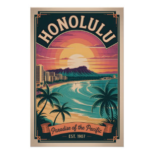 Póster Honolulu vintage Hawái Paraíso del Pacífico
