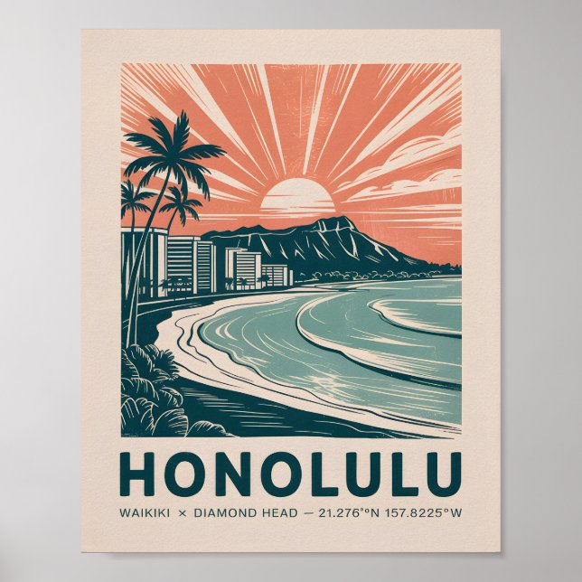 Póster Honolulu Waikiki Diamond Head Scenic Retro Travel (Frente)