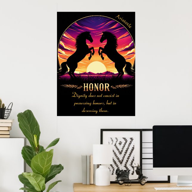 Póster Honor se alza contra el cielo ígneo del atardecer (Oficina en casa)