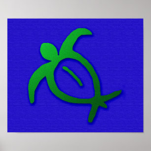Póster Honu Petroglyph hawaiano en azul