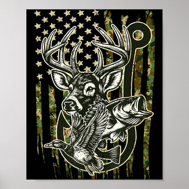 Póster Hook Antler Heart Love Fishing Hunting Fish Deer H (Frente)