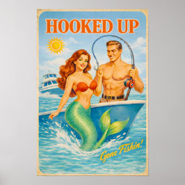 Póster Hooked Up Retro Pin-Up Mermaid | Fishing Boat Art