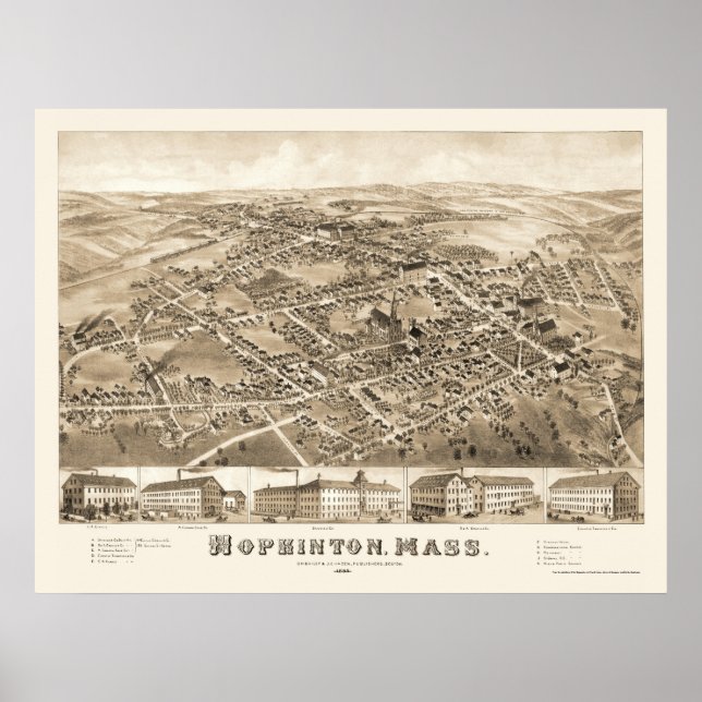 Póster Hopkinton, MAMÁES Mapa Panorámico - 1880 (Frente)