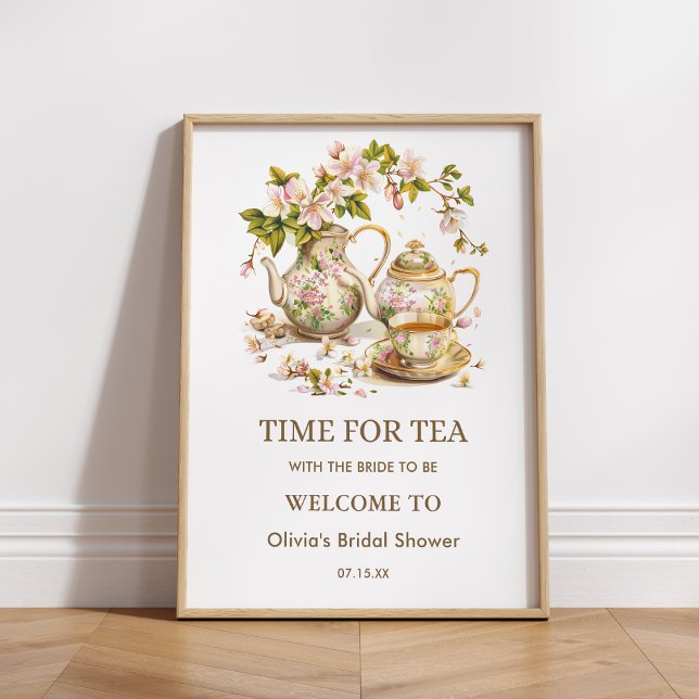 Póster Hora de la tetera floral para la bienvenida a la d (Floral Teapot Time for Tea Bridal Shower Welcome Sign )
