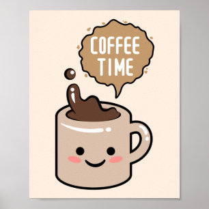 Póster hora del café ilustración kawaii de taza de café