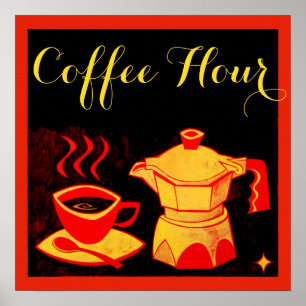 Póster HORA DEL CAFÉ /Taza de café roja amarilla y cafete