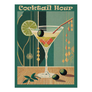 Póster Hora del Cóctel Martini Moderno de Medianos del Si