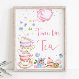 Póster Hora del Fiesta del té rosado para el cumpleaños d