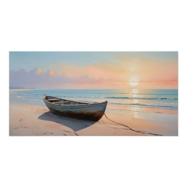 Póster Hora Dorada Playa Tranquila con Barco Costero (Anverso)