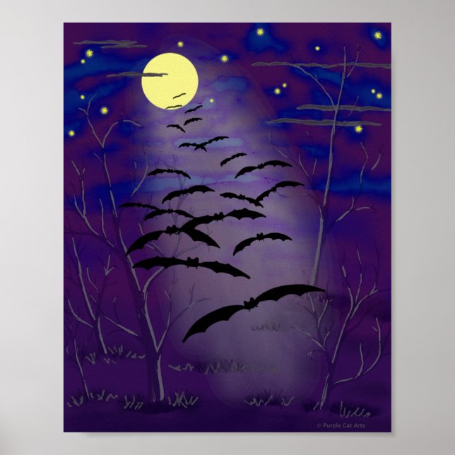 Póster Hora embrujada con luna amarilla llena y murciélag (Frente)