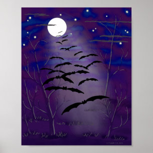 Póster Hora embrujada con luna llena blanca y murciélagos