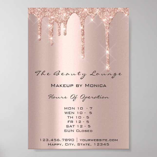 Póster Horario de apertura de maquillaje Rose Salon Drips (Frente)