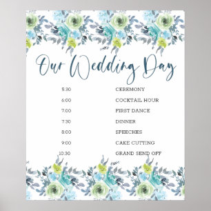 Póster Horario de Boda Floral Amarillo Verde Azul Claro