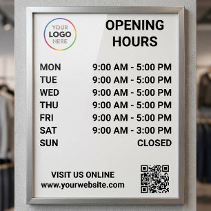 Póster Horas de apertura de la tienda con logotipo + códi