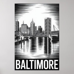 Póster Horizonte de Baltimore Maryland en negro y blanco