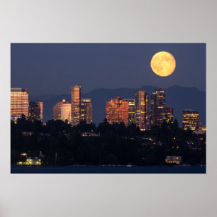 Póster Horizonte de Bellevue desde el lago Washington al