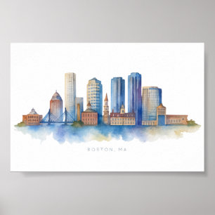 Póster Horizonte de Boston en Acuarela Moderno Boston M