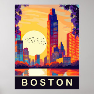Póster Horizonte de Boston, MA, al atardecer, Viajes