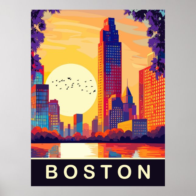 Póster Horizonte de Boston, MA, al atardecer, Viajes (Frente)