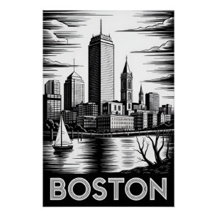 Póster Horizonte de Boston Massachusetts en Grabado de Ma